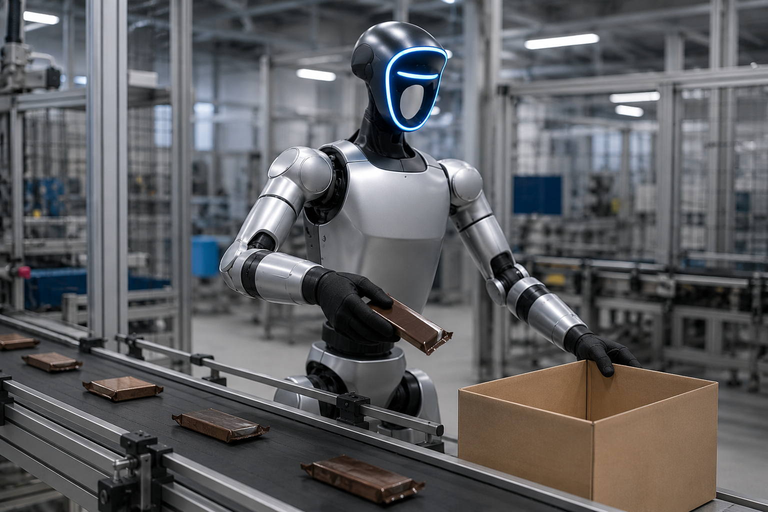 Humanoid robot picking a product from a conveyor